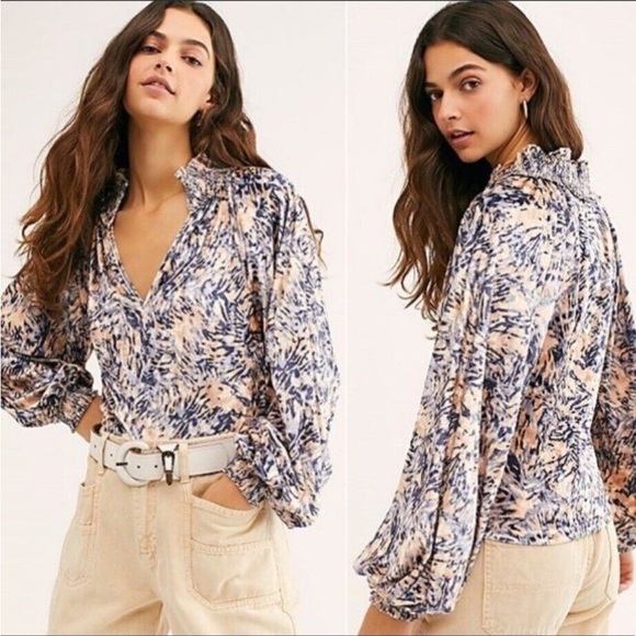Free People Tops - Free People Go Get Em Crushed Velvet Print Balloon Sleeve Gathered V Neck Blouse